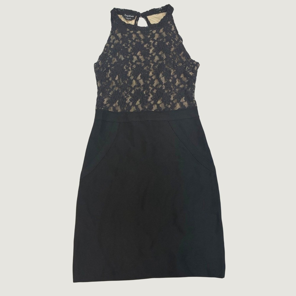 bebe Women's Lace Halter Sheath Dress Size Medium Black Nude Keyhole Back D62